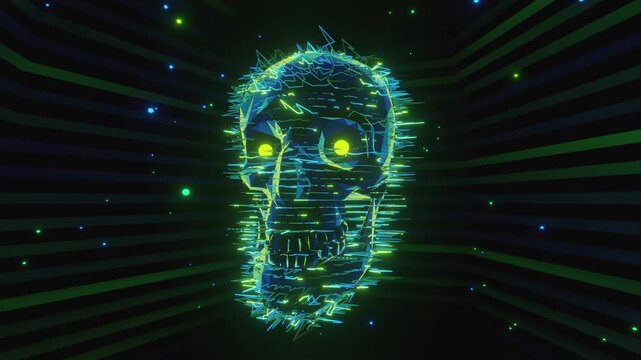 Seamless VJ loop of a glowing digital skull with electric glitch wireframe. Dynamic illuminated stage backdrop for electronic music festivals, dancefloors, club events, rave parties, and live shows.