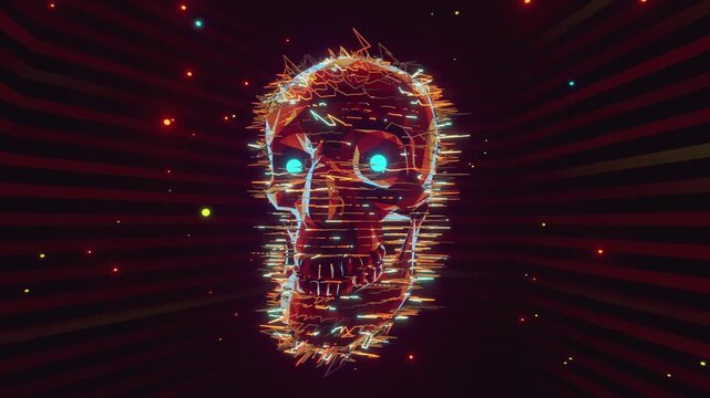 Seamless VJ loop of a glowing digital skull with electric glitch wireframe. Dynamic illuminated stage backdrop for electronic music festivals, dancefloors, club events, rave parties, and live shows.