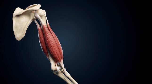 Detailed 3D rendering of the human biceps brachii muscle and associated arm bones, illustrating anatomy and muscular structure.