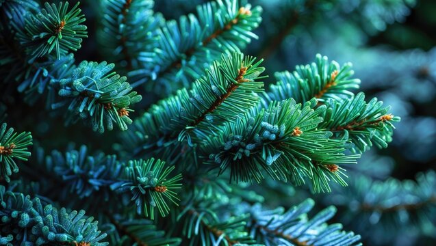 Detailed Closeup of Evergreen Pine Needles with Blue Green Tones