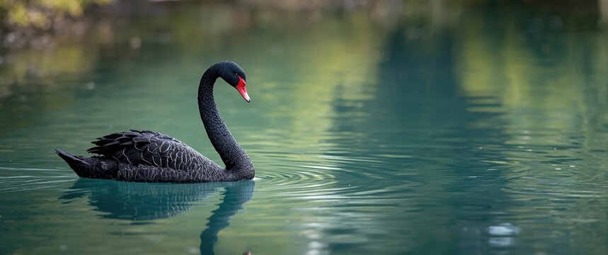 Black Swan Swimming on Calm Turquoise Water with Soft Reflections