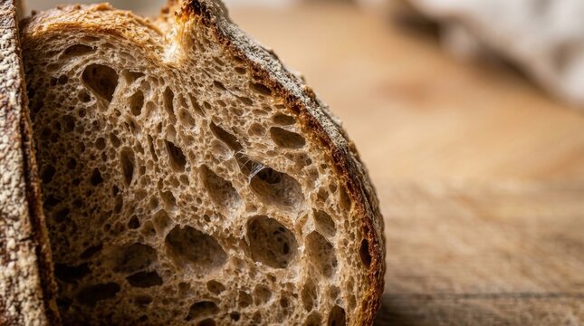 Artisan Sourdough Bread Texture: A close-up macro shot reveals the intricate porous texture of a freshly baked artisan sourdough bread loaf, highlighting its rustic crust and chewy crumb.