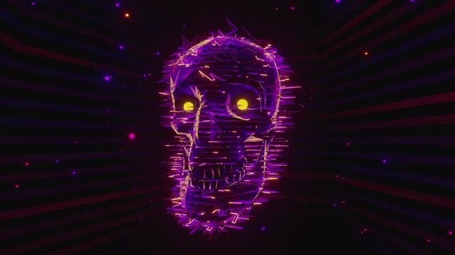 Seamless VJ loop of a glowing digital skull with electric glitch wireframe. Dynamic illuminated stage backdrop for electronic music festivals, dancefloors, club events, rave parties, and live shows.