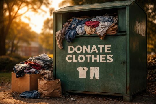 Clothing Donation Bin Overfilled with Textiles in Golden Hour Light