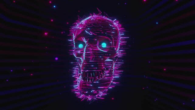 Seamless VJ loop of a glowing digital skull with electric glitch wireframe. Dynamic illuminated stage backdrop for electronic music festivals, dancefloors, club events, rave parties, and live shows.