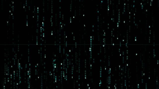 Scattered alphanumeric characters floating across dark digital space divided by thin line