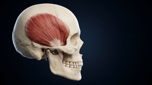 Detailed anatomical illustration of the human skull in profile with the temporalis muscle highlighted in red.
