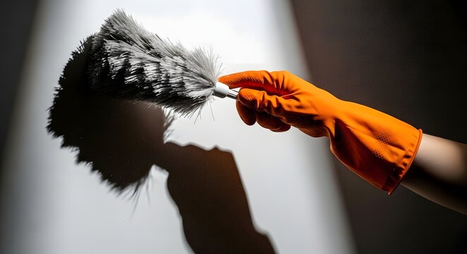Hand with duster cleaning shadow on wall