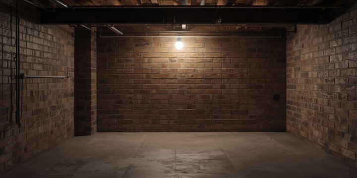 Empty Basement Space with Exposed Brick Walls and Single Light Source