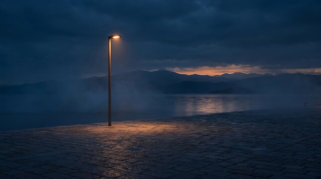 Single street lamp illuminating a dark misty pier at twilight by the sea