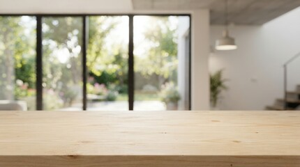 Fototapeta premium A sharp wooden tabletop surface in the foreground offers a clean product presentation space over a blurred modern interior background, ideal for mockups, branding, and marketing materials.