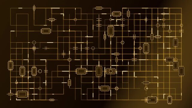 Electronic circuit network with glowing signals moving through interconnected pathways on a dark golden background