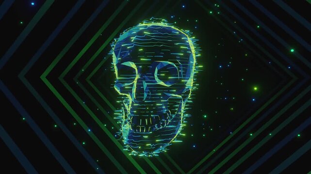 Seamless VJ loop of a glowing digital skull with electric glitch wireframe. Dynamic illuminated stage backdrop for electronic music festivals, dancefloors, club events, rave parties, and live shows.