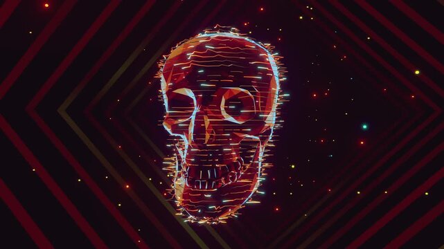 Seamless VJ loop of a glowing digital skull with electric glitch wireframe. Dynamic illuminated stage backdrop for electronic music festivals, dancefloors, club events, rave parties, and live shows.