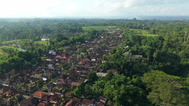Aerial view of traditional Balinese village with penjor decorations surrounded by lush tropical greenery and dense forest canopy in Kecamatan Tegallalang, Bali, Indonesia.