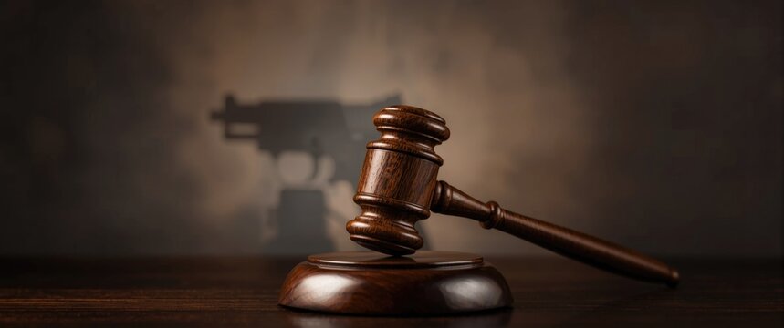 Wooden Gavel on a Desk with Gun Shadow in Dramatic Lighting