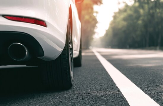 Rear lower corner of a white sports car with a red taillight and exhaust pipe on an asphalt road at sunset