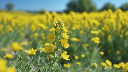 Obraz premium Yellow Wildflowers Blooming in a Sunny Field with Green Background