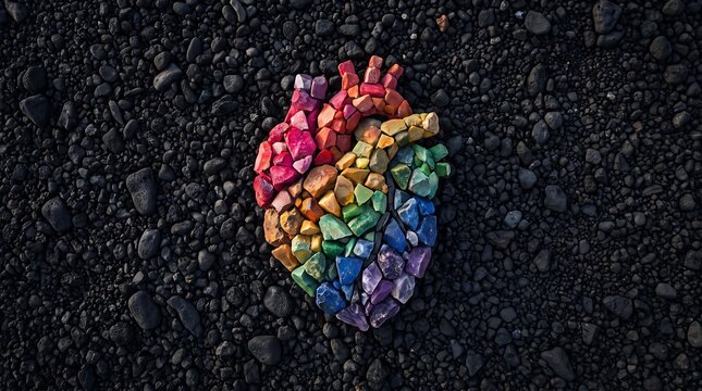 Rainbow heart shape made of colorful stones on dark black volcanic pebble background