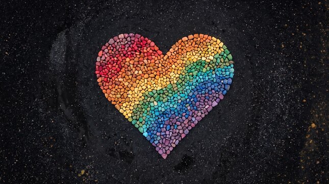 Rainbow heart shape made of colorful small stones on dark asphalt ground texture background.