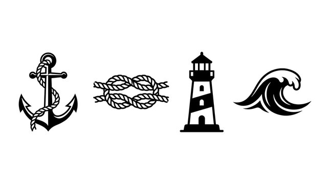 Minimalist black nautical icons with anchor and lighthouse.