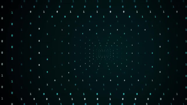 Binary digits receding into a central tunnel on a dark digital background