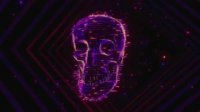 Seamless VJ loop of a glowing digital skull with electric glitch wireframe. Dynamic illuminated stage backdrop for electronic music festivals, dancefloors, club events, rave parties, and live shows.