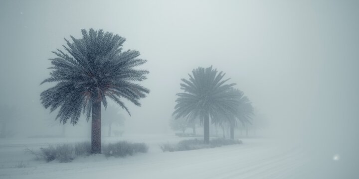 Palm Trees in a Snowy Landscape during a Foggy Winter Day