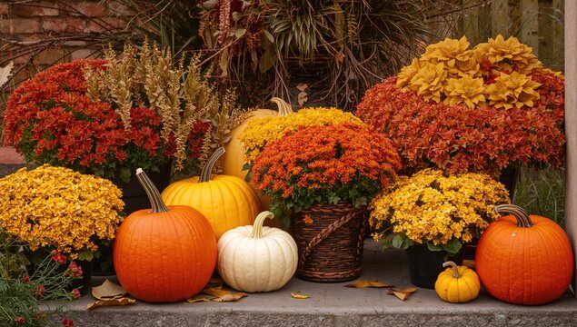 Autumn Display of Colorful Mums and Pumpkins on a Stone Step