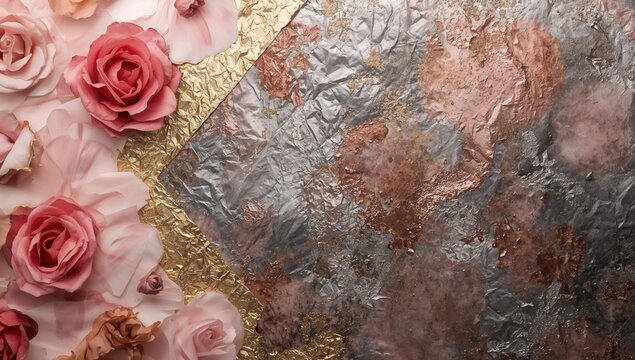 Pink Roses Arranged on Shimmering Silver and Gold Foil Background