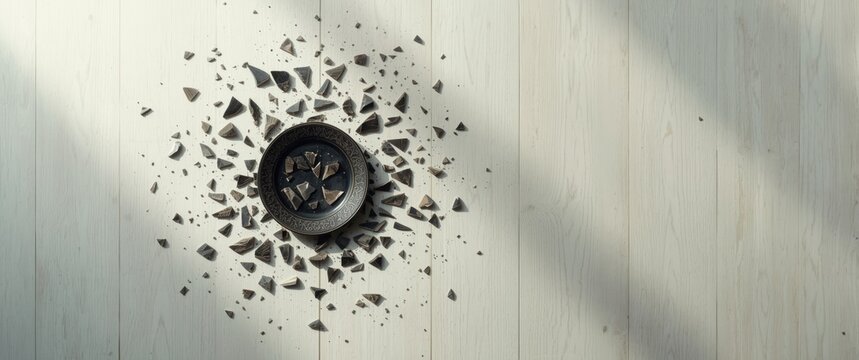 Broken Bowl Surrounded by Shattered Pieces on Light Wooden Floor