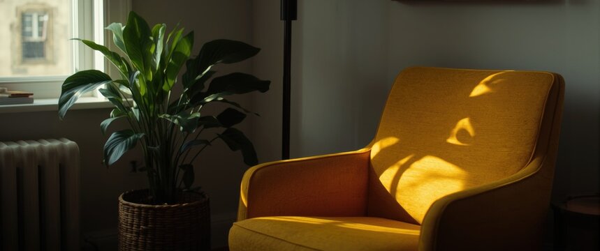 Cozy Yellow Armchair with Sunlight and Indoor Plant in Modern Living Room