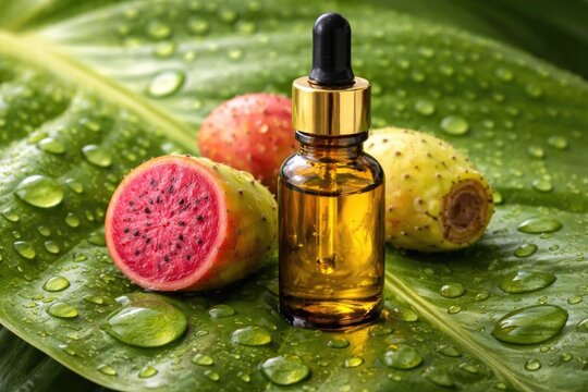 Glass Dropper Bottle with Oil Surrounded by Fresh Prickly Pears on a Leaf with Water Droplets