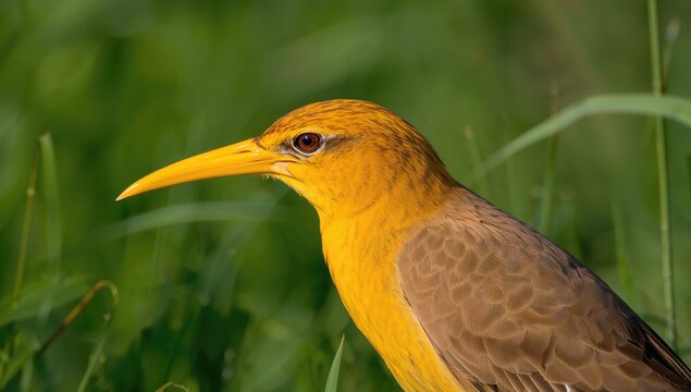 Yellow Bird with Long Beak Perched in Green Grass Under Soft Light