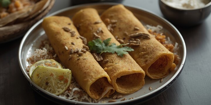 Delicious Platter of Golden Pancakes Served with Sliced Lemon and Fresh Herbs