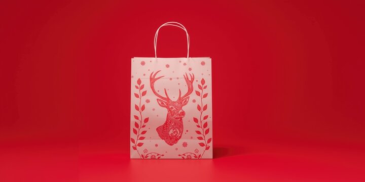 Decorative Gift Bag with Reindeer Design on a Red Background