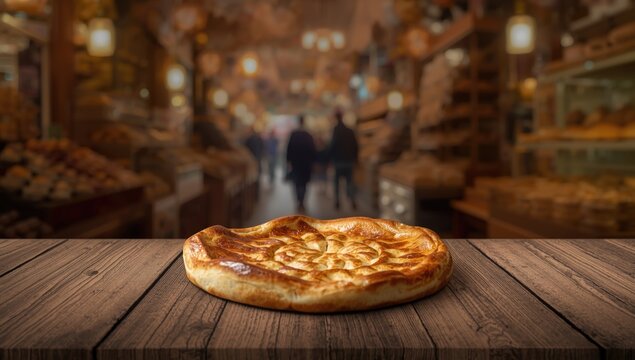 Freshly Baked Flatbread on a Wooden Table in a Busy Market