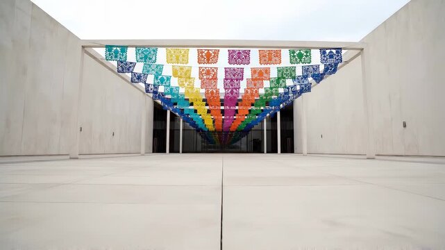 Vibrant Mexican cultural celebration event promotion featuring traditional cut paper flags as a festive papel picado copyspace background backdrop 4k