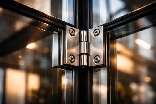 Closeup of Modern Glass Door Hinge in Warm Ambient Light