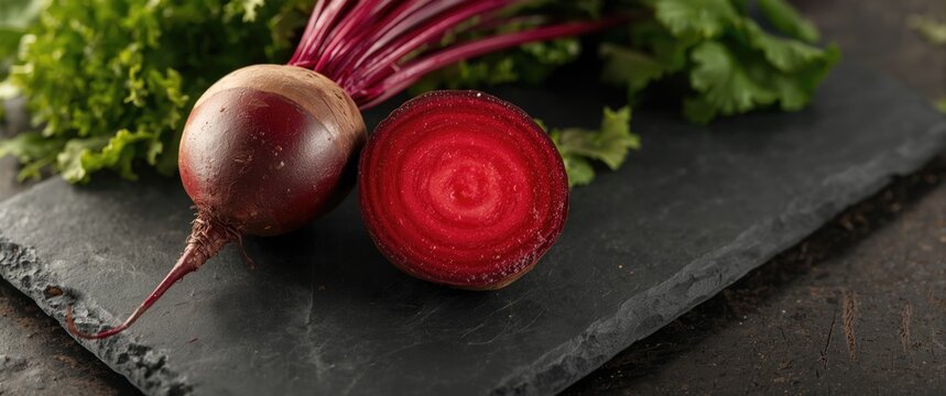Fresh Beetroot Halved on Slate Surface with Green Leaves in Background
