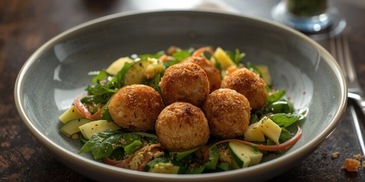 Crispy Vegetable Balls Served on a Bed of Fresh Salad with Apples