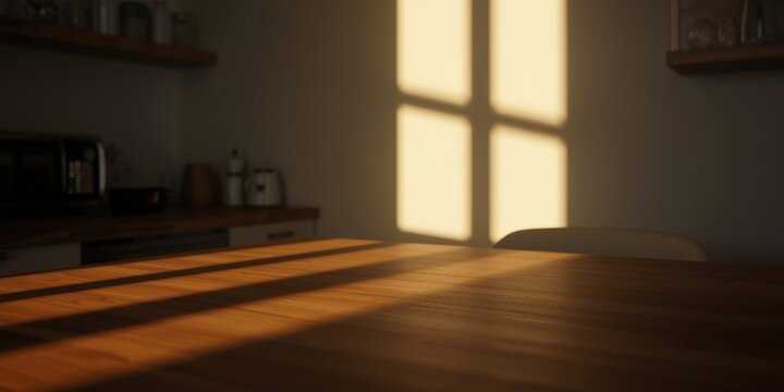 Sunlight Casting Shadows on a Wooden Kitchen Table with Soft Interior Light