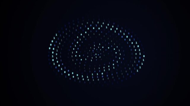 Glowing binary digit sphere rotates against a dark background in an abstract digital technology visualization
