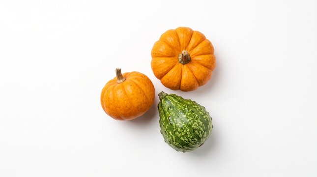 Collection of small decorative autumn gourds and mini pumpkins isolated on a pure white background for seasonal thanksgiving graphic design
