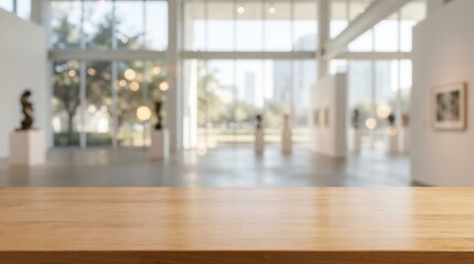 Fototapeta premium Stylish empty wooden tabletop for product presentation featuring a blurred modern interior backdrop ideal for mockup, branding, and marketing materials