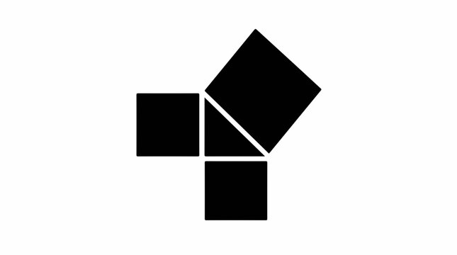 Geometric pythagorean theorem illustration featuring right triangle and three attached black squares on white background with diagram representing pythagorean