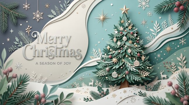 Festive Papercut Christmas Tree Scene With Merry Christmas Greeting And Snowfall
