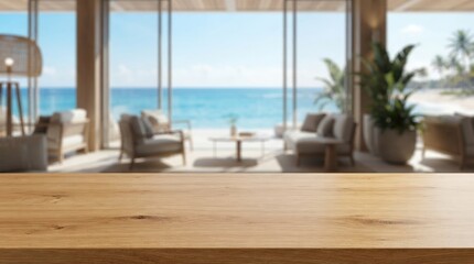 Fototapeta premium Sharp empty wooden tabletop surface in foreground over blurred modern interior background ideal for product presentation, mockup backdrop, branding, and marketing materials