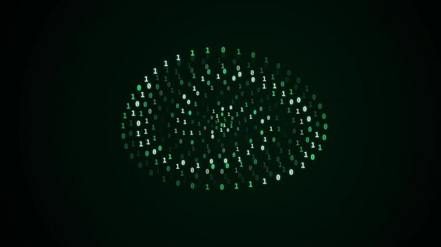 Binary digit sphere shifting against dark background with changing patterns and glowing green data symbols