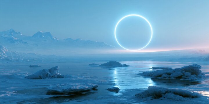 Luminous halo over icy arctic waters with distant mountains